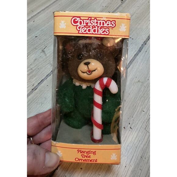 Vintage Jasco Flocked Bear Ornament Christmas Teddies Teddy Candycane Green - Picture 2 of 3